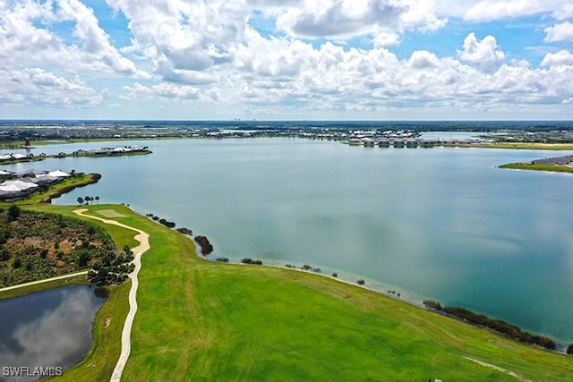 bird's eye view with a water view