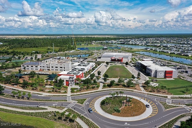 bird's eye view with a water view