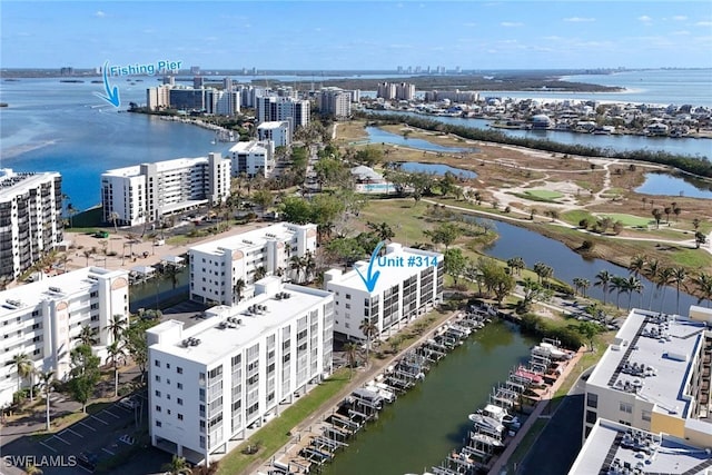 drone / aerial view featuring a water view