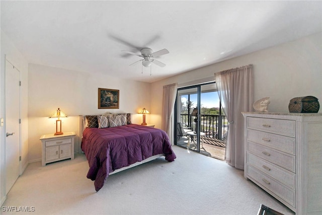 bedroom featuring ceiling fan, light carpet, and access to outside