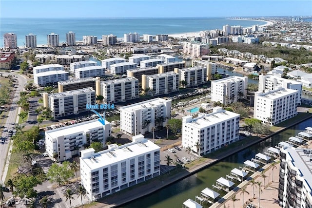 bird's eye view with a water view