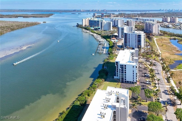 drone / aerial view featuring a water view