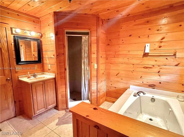 bathroom with vanity, wooden ceiling, tile patterned flooring, shower with separate bathtub, and wood walls