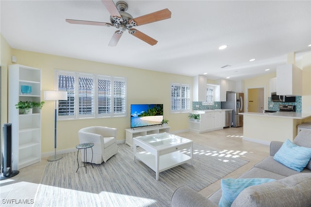 living room with ceiling fan