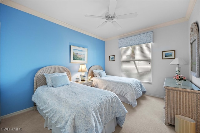 bedroom featuring light carpet, ceiling fan, and ornamental molding