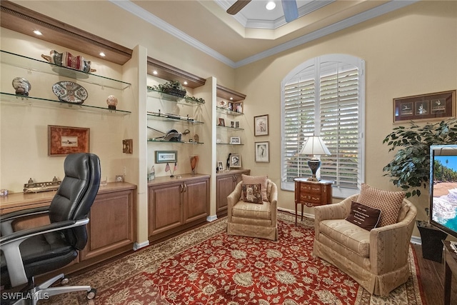 office space with ceiling fan and ornamental molding