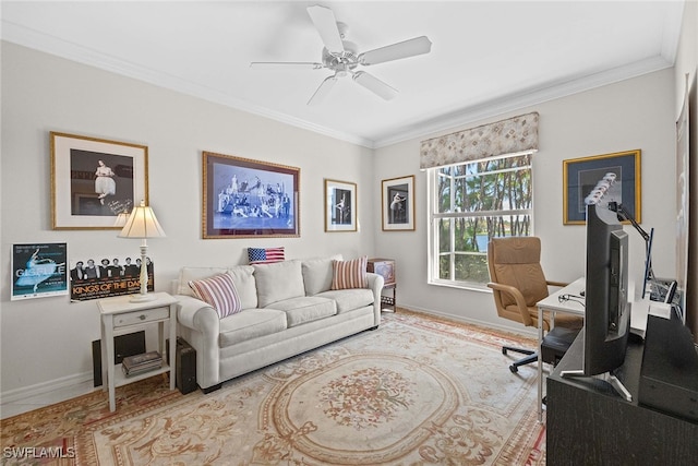 living room with crown molding and ceiling fan