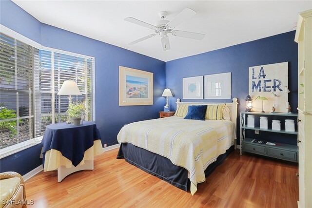 bedroom with ceiling fan and wood-type flooring