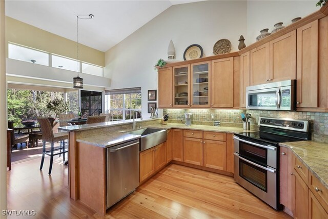 kitchen featuring light wood-type flooring, stainless steel appliances, sink, pendant lighting, and high vaulted ceiling