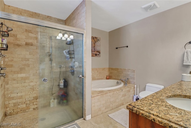 full bathroom featuring tile patterned floors, toilet, separate shower and tub, and vanity