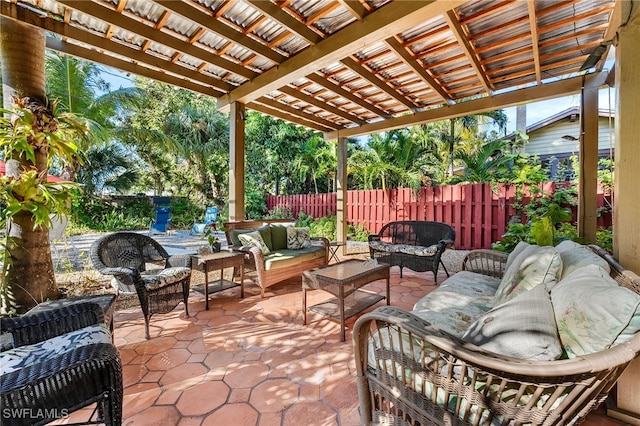 view of patio / terrace with outdoor lounge area and a pergola