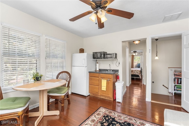 kitchen featuring white fridge, plenty of natural light, and dark hardwood / wood-style floors