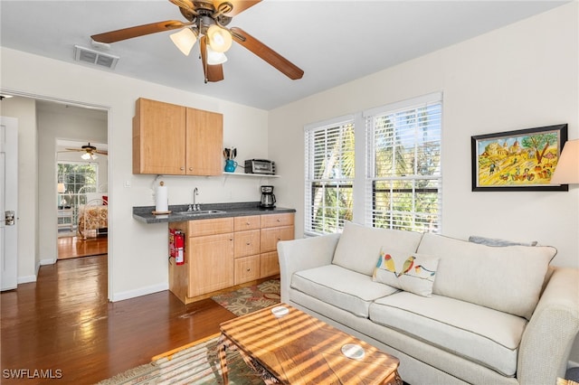 living room with sink, dark wood-type flooring, and a wealth of natural light