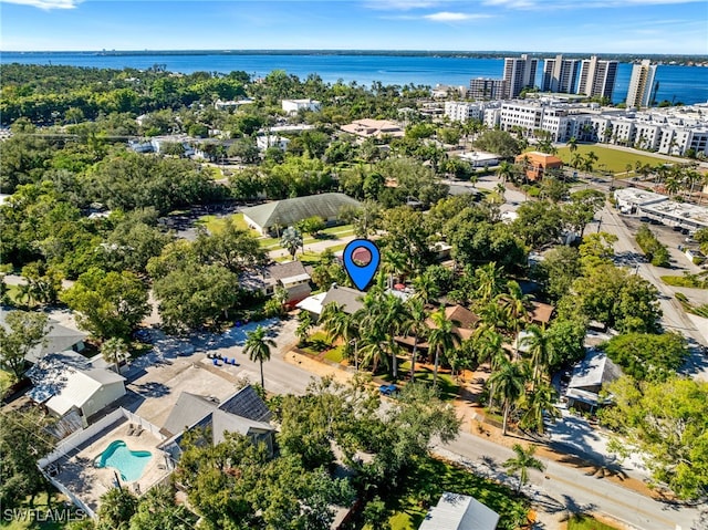 aerial view featuring a water view