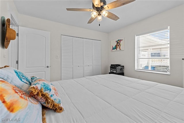 bedroom featuring ceiling fan and a closet