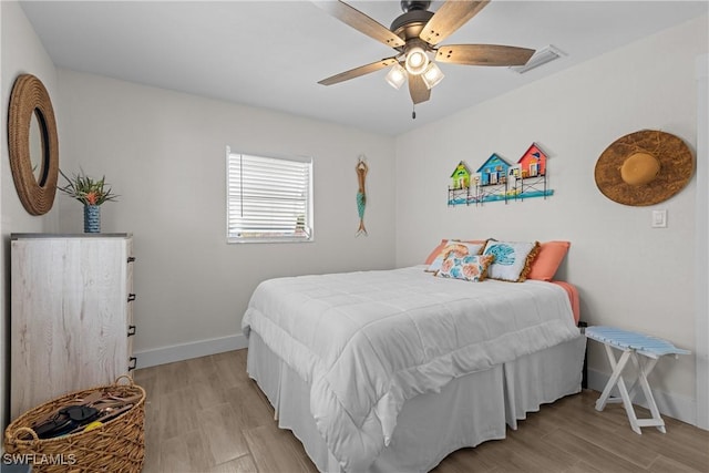 bedroom featuring ceiling fan and light hardwood / wood-style floors