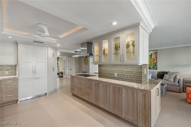 kitchen with wall chimney exhaust hood, tasteful backsplash, light stone counters, a tray ceiling, and white cabinets