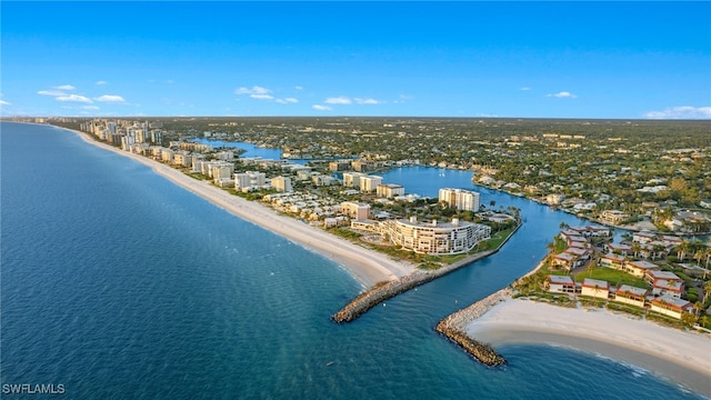 drone / aerial view with a water view and a view of the beach