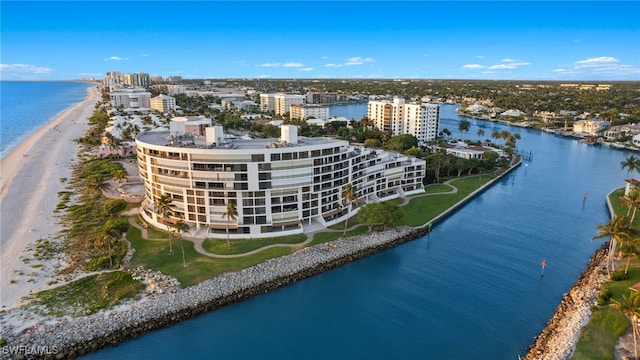 aerial view with a water view and a view of the beach