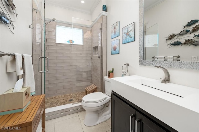 full bathroom with ornamental molding, tile patterned flooring, vanity, and toilet