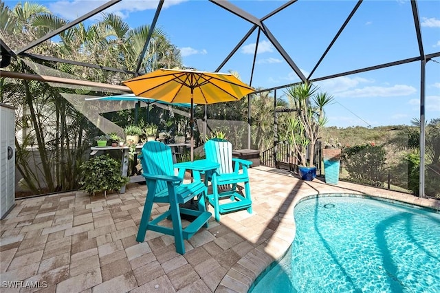 outdoor pool featuring a lanai and a patio