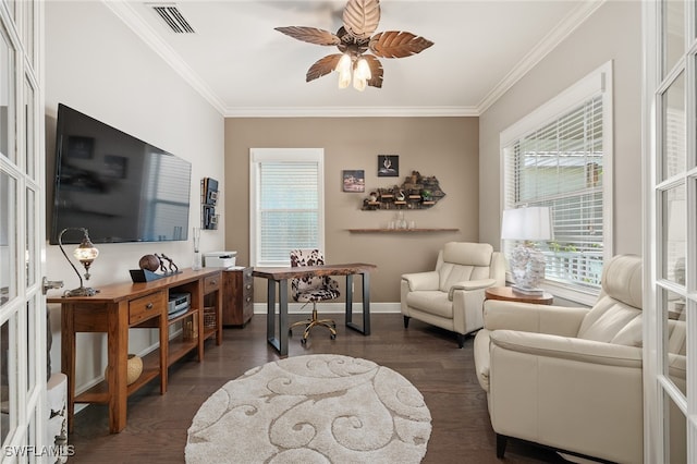 interior space featuring dark wood-style floors, baseboards, visible vents, and crown molding