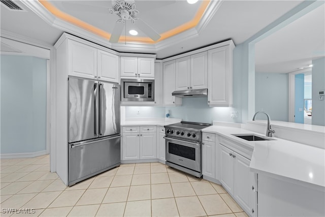 kitchen featuring sink, light tile patterned floors, premium appliances, a tray ceiling, and white cabinets