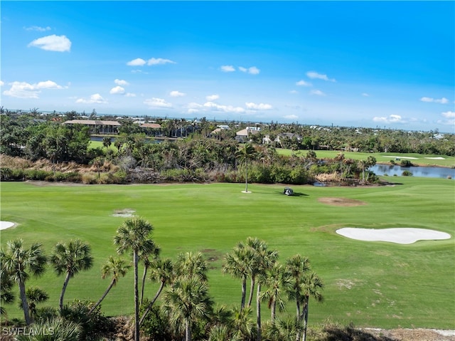 view of property's community with a lawn and a water view