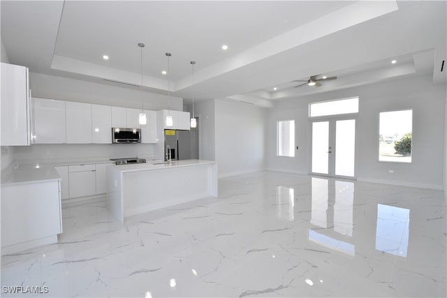 kitchen featuring a raised ceiling, white cabinetry, and appliances with stainless steel finishes