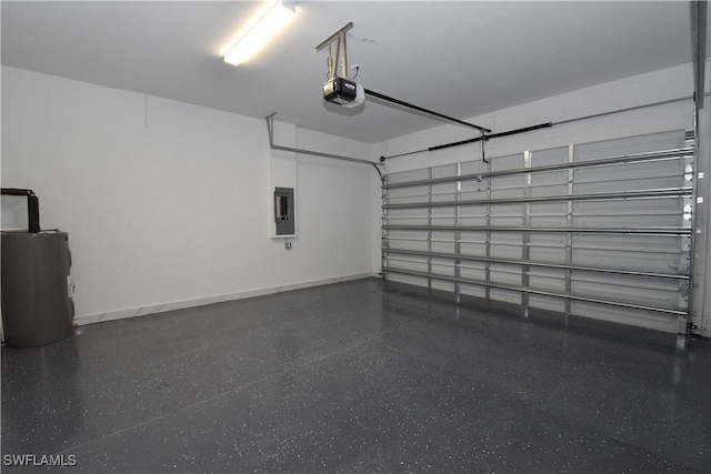 garage with electric panel and a garage door opener