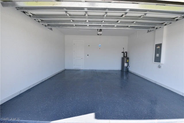 garage with electric panel and water heater