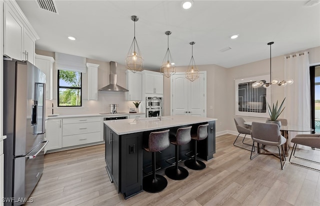 kitchen featuring wall chimney exhaust hood, white cabinetry, stainless steel appliances, and a kitchen island with sink