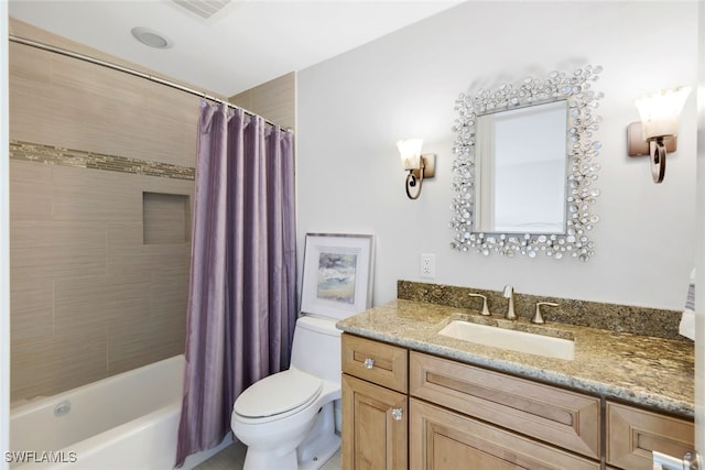 full bathroom with vanity, shower / bathtub combination with curtain, and toilet