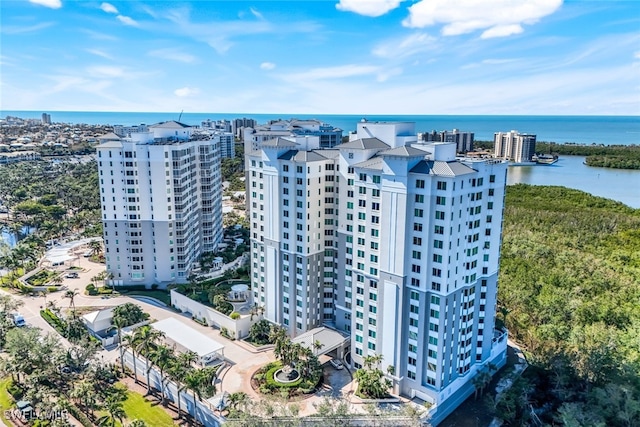 bird's eye view with a water view