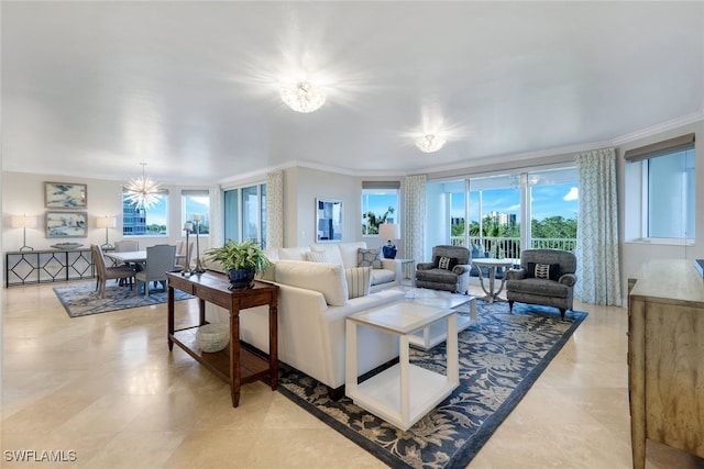 living room featuring a notable chandelier, ornamental molding, and light tile patterned floors