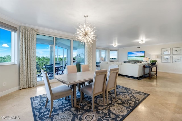 dining area with a chandelier and crown molding