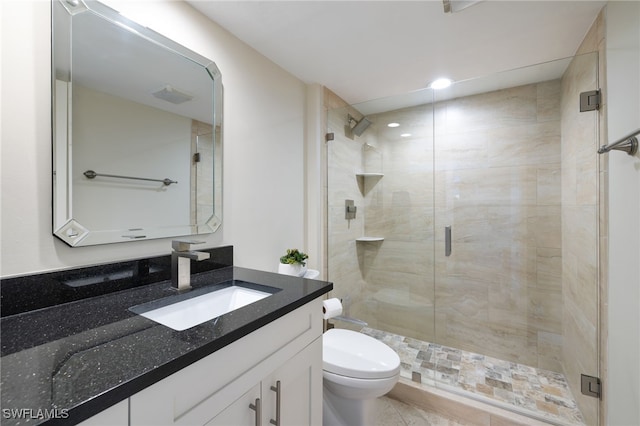 bathroom with vanity, toilet, and a shower with shower door