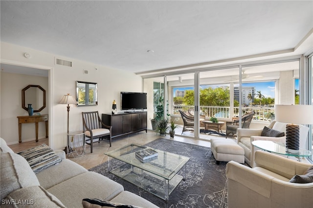 living room with expansive windows