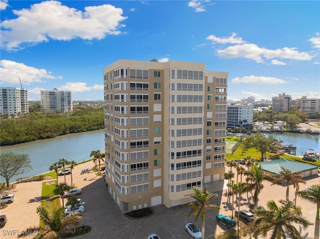 view of building exterior featuring a water view