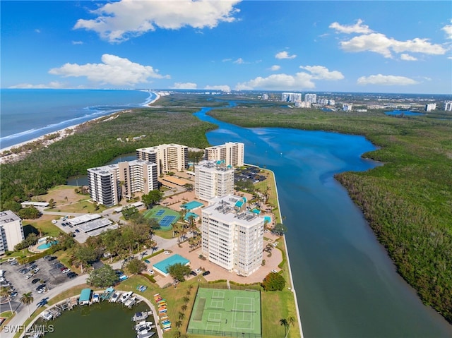 bird's eye view with a water view