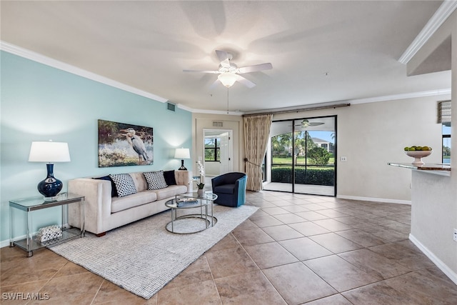 living room featuring light tile patterned floors and ornamental molding