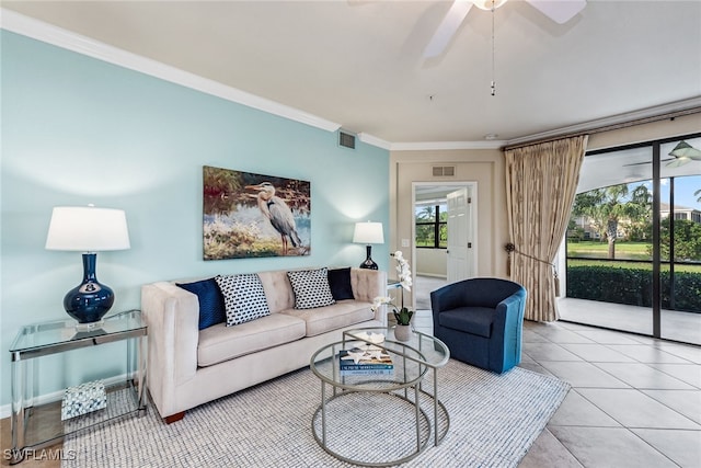 tiled living room featuring crown molding