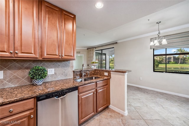 kitchen featuring dark stone counters, a wealth of natural light, sink, and stainless steel dishwasher