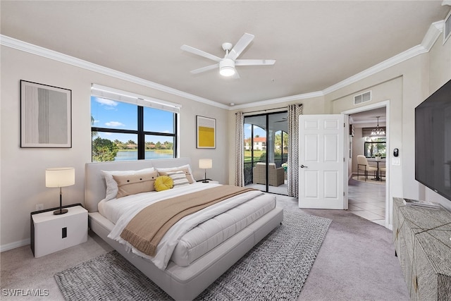 bedroom with access to exterior, ceiling fan with notable chandelier, light colored carpet, and ornamental molding