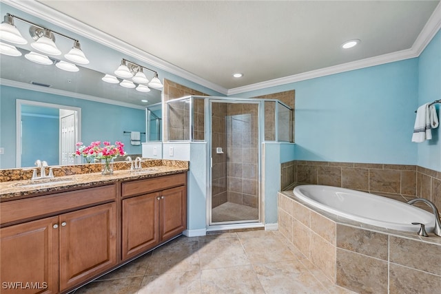 bathroom featuring tile patterned floors, vanity, shower with separate bathtub, and ornamental molding