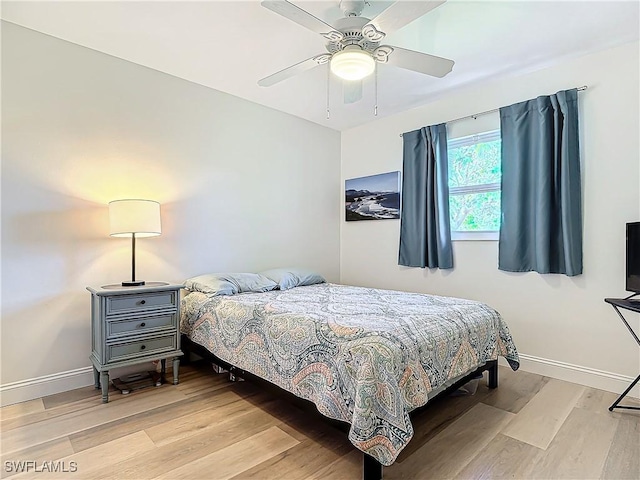 bedroom featuring ceiling fan and light hardwood / wood-style floors