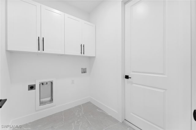 laundry room featuring hookup for an electric dryer, cabinets, and washer hookup