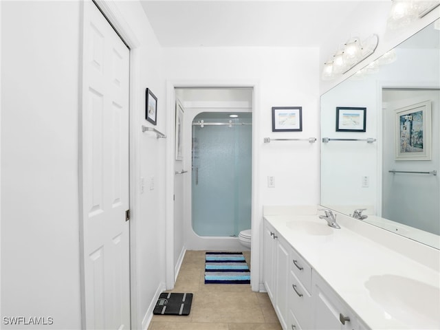 bathroom with tile patterned floors, vanity, toilet, and a shower with shower door