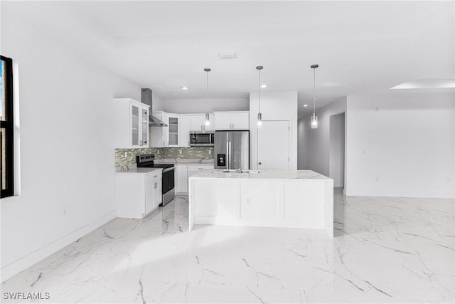 7029 Palpano Cir, Labelle, FL 33935 - kitchen with appliances with stainless steel finishes, tasteful backsplash, wall chimney exhaust hood, light marble finish floors, and glass insert cabinets