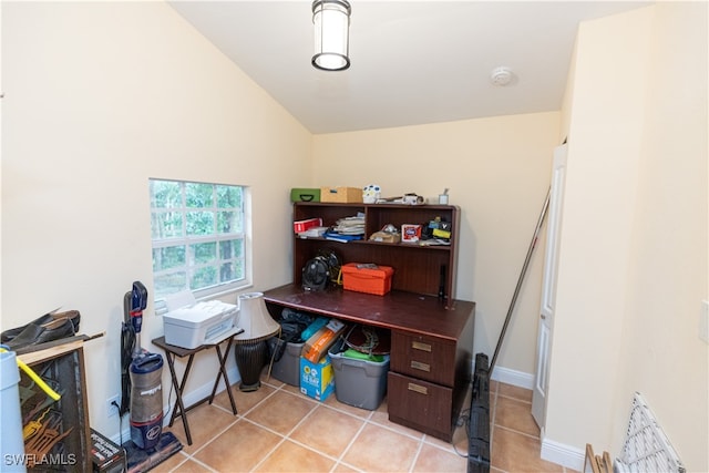 tiled office with lofted ceiling